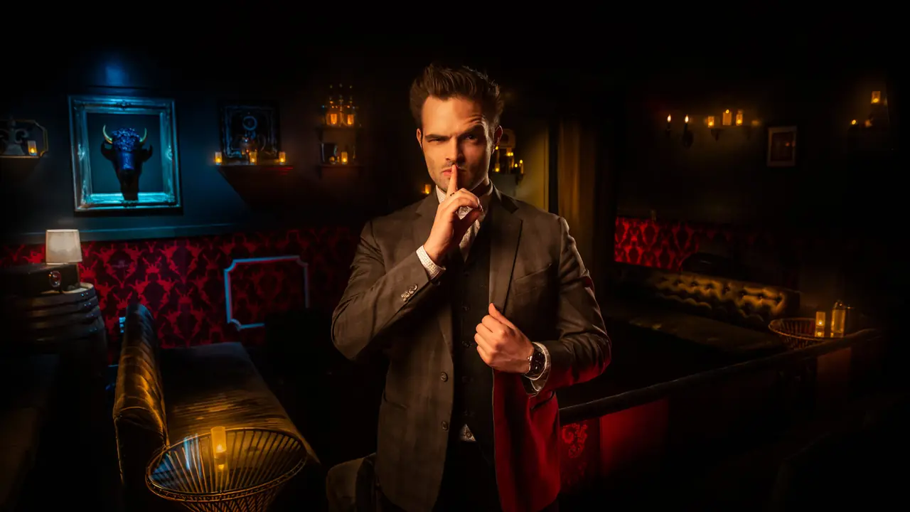 Kent Axell in a dark speakeasy lit by candles and a single blue lamp